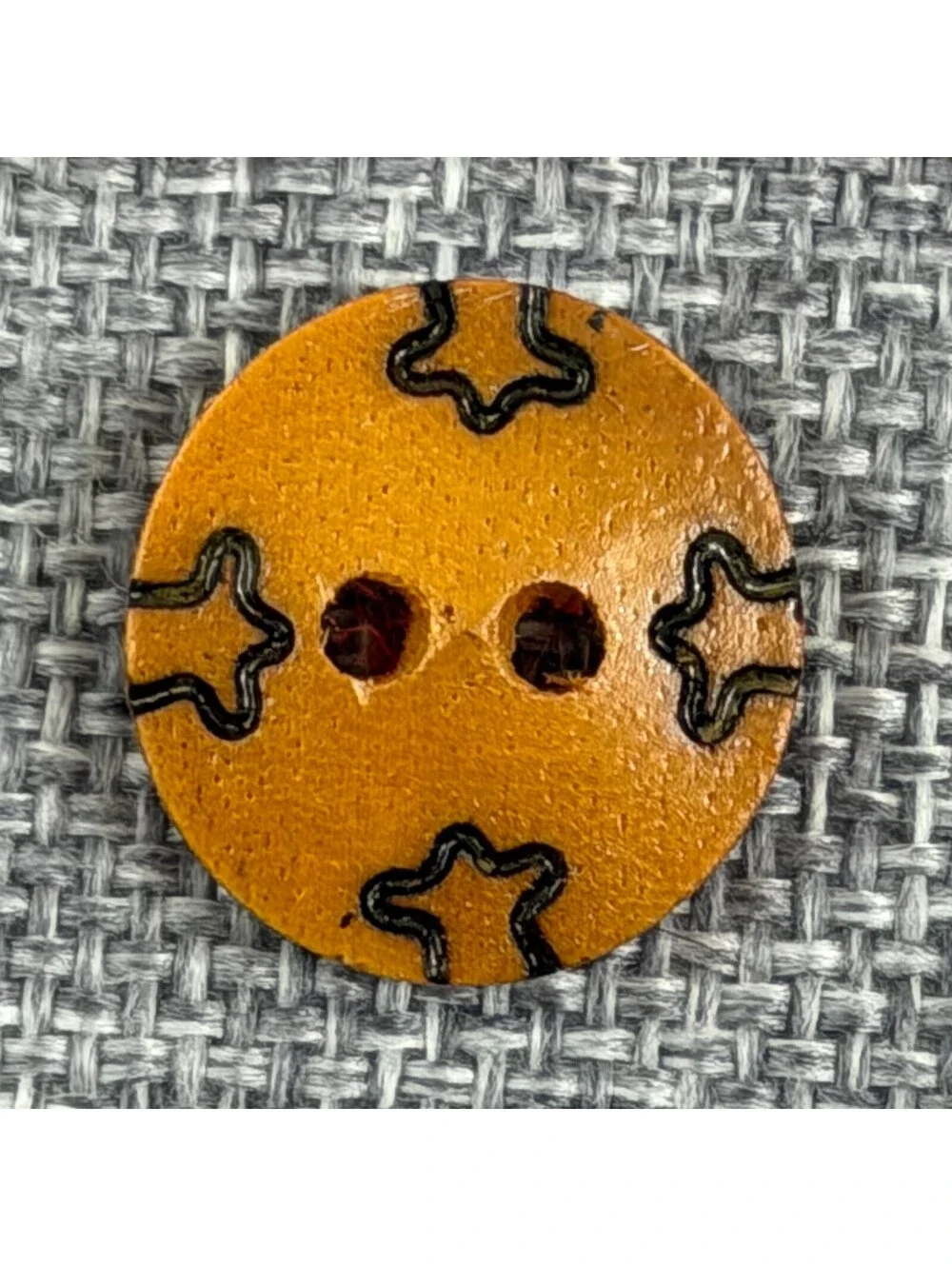 Set of 3 Wood Buttons 2cm Mustard Brown Black Rustic Star Like Pattern